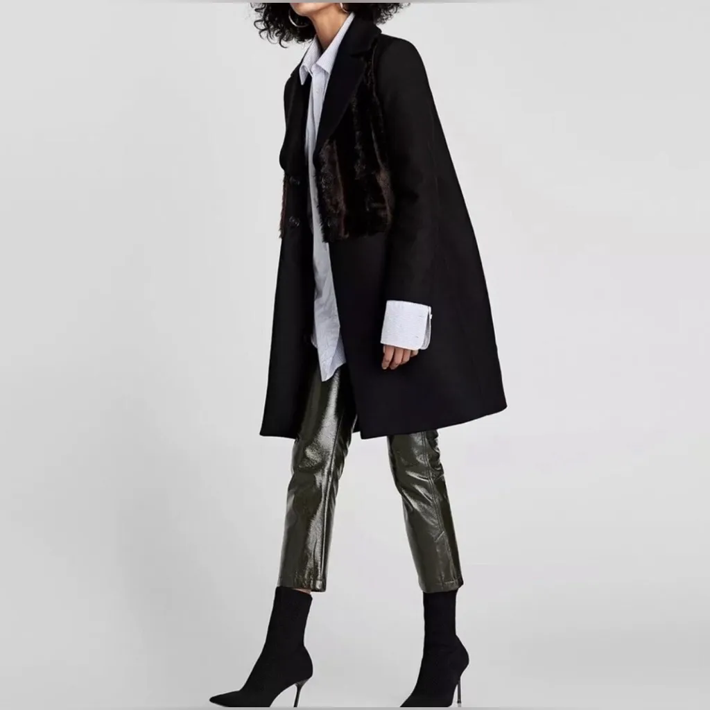 Zara Black Wool Faux Fur Contrasting Coat Medium - Image 5