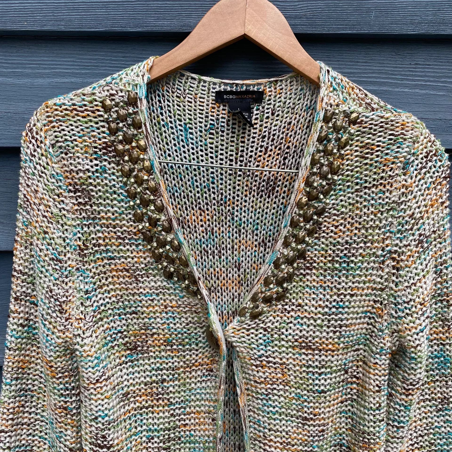 CBGMaxAzria Tan beaded cardigan Sweater Large - Image 3