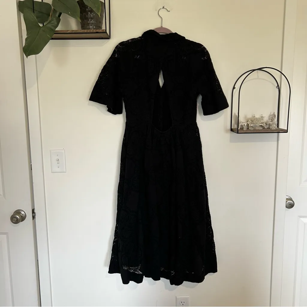 Maeve Anthropologie Black Open Back Short Sleeve Eyelet Midi Length Dress 12 - Image 2
