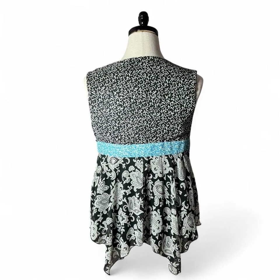 Y2K Jonathan Martin Women's Black White Blue Paisley Tie Waist Vest‎ Blouse - Image 2