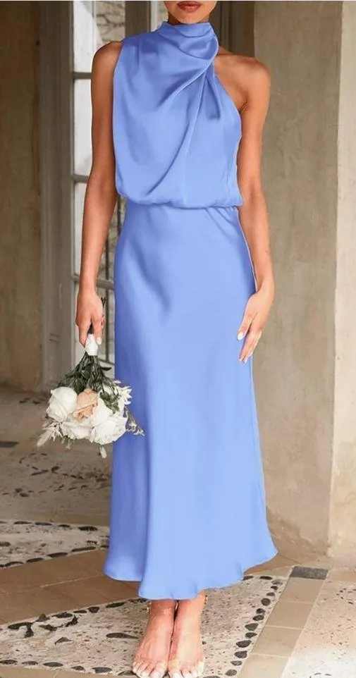 NEW Satin Elegant Sleeveless Mock Neck Cocktail Maxi Dress S Blue - Image 3