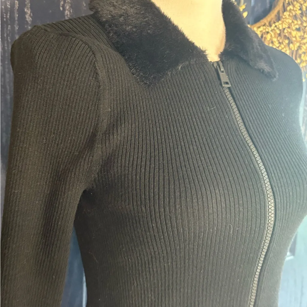 American Eagle Outfitters Black Ribbed Sweater w/ Faux Fur full zip. Size S - Image 2