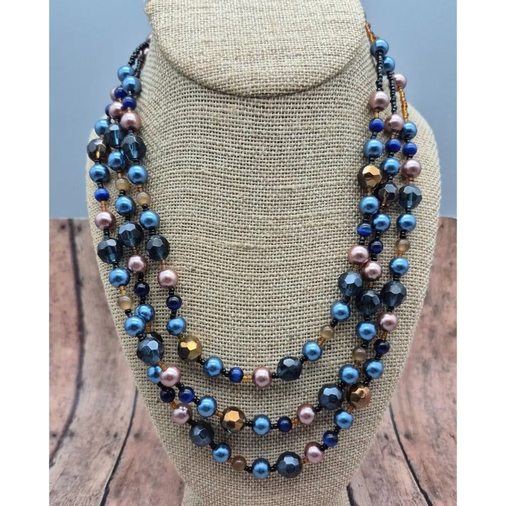 Pretty Esmor Multi Strand Glass Bead Necklace Jewel Tones Blue Gold 22" - Image 4
