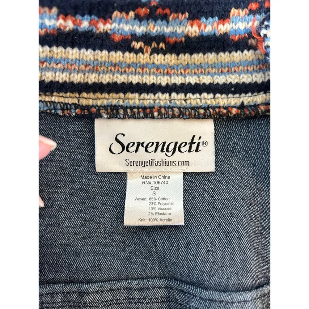 Serengeti jean jacket womens size S knit sleeves and collar zipper boho Blue - Image 4