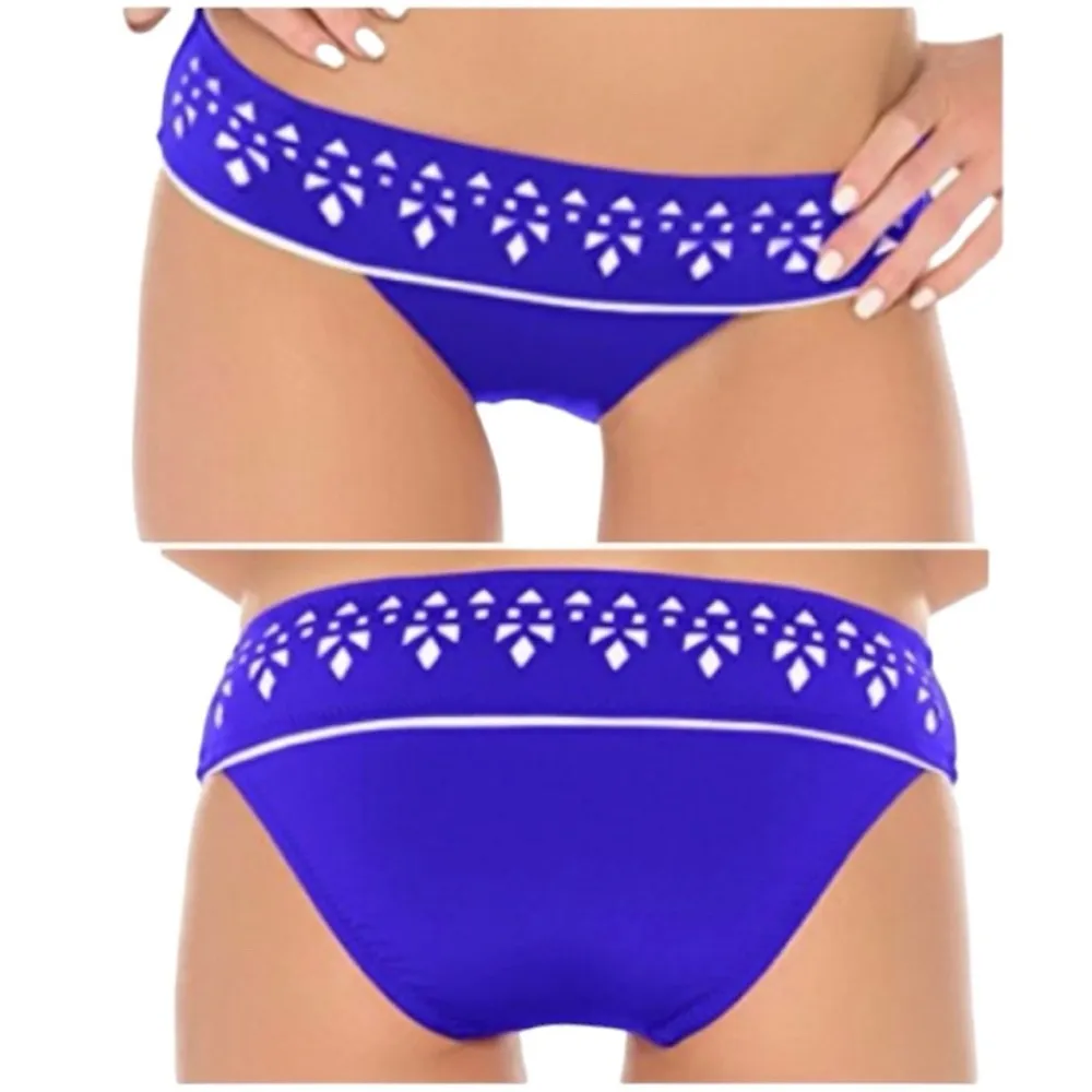 NEW Becca by Rebecca Virtue Hipster Swim Bottom size M Blue Banded Laser Cutout - Image 5