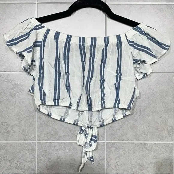 L.A Hearts Womens XS Top White Blue Striped Blouse Crop Tie Front Flutter Sleeve - Image 2