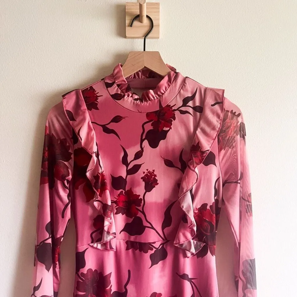 Shein Firerie Women's Vintage Floral Print Bodycon Dress With Ruffle Hem And Belt - Image 6