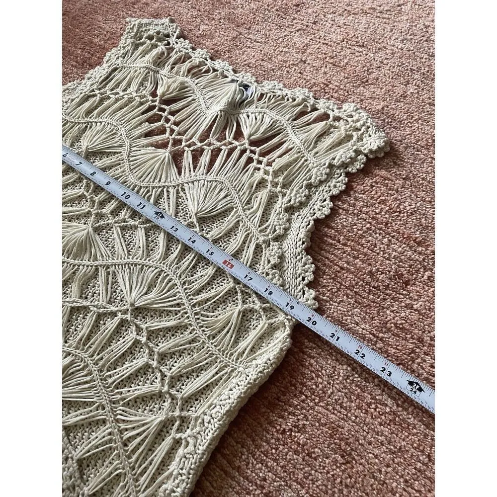 Daytrip Crochet Knit Macramé Tank Top Cream L Boho Festival Sleeveless - Image 3