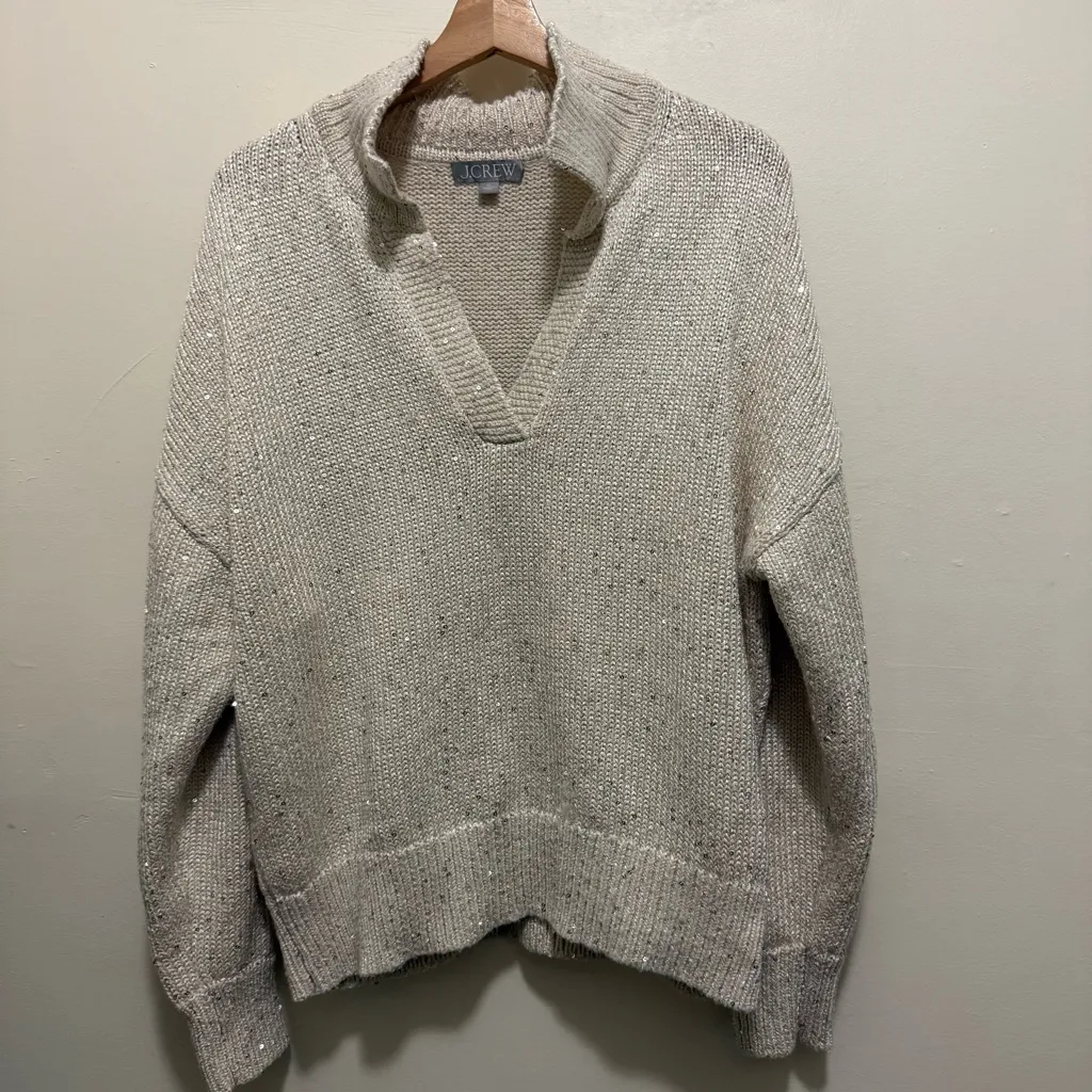 J.Crew Natural Sequin Polo Pullover Sweater XL - Image 4