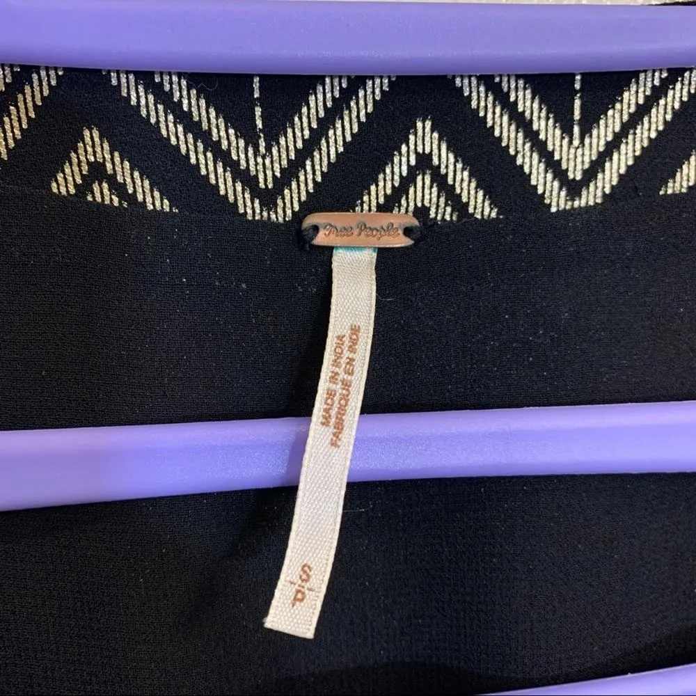 Free People Love My Chaos Flutter Ruffle Flowy Metallic Dress Black Gold Small - Image 6