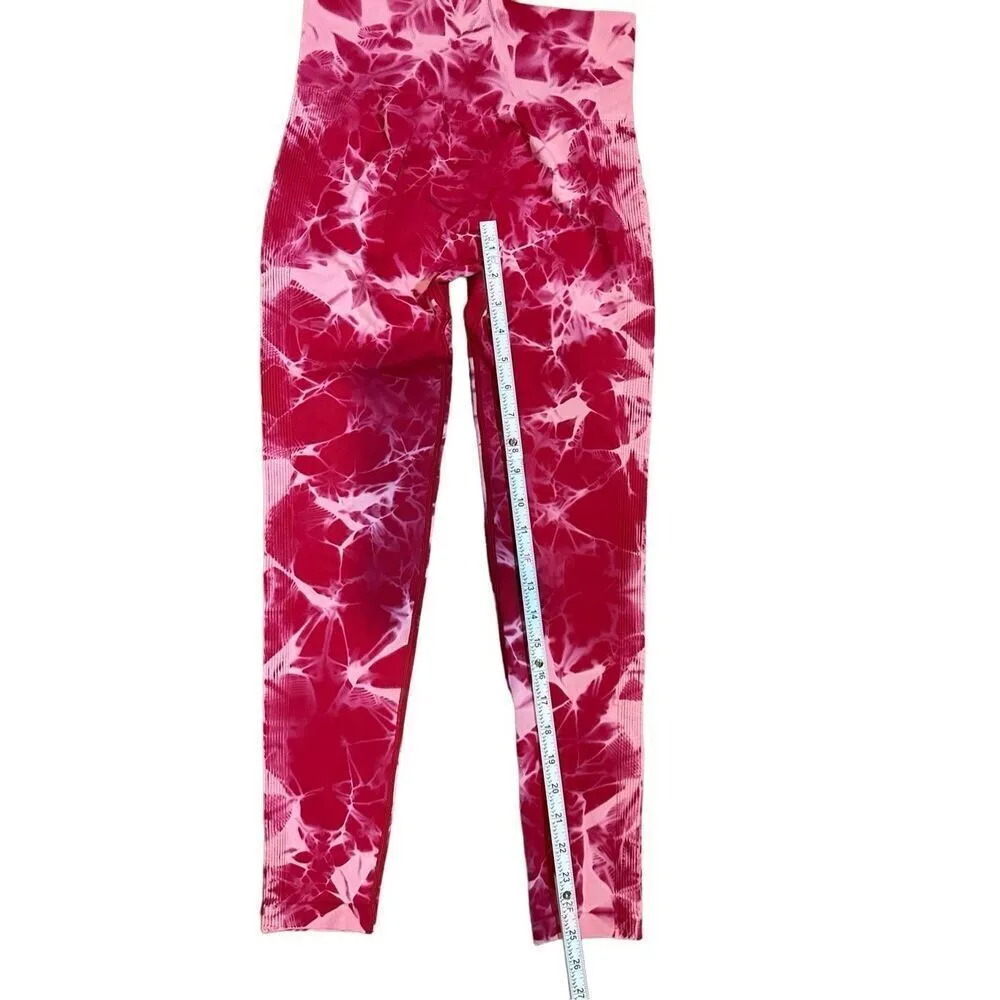 Aoxjox womens red pink marbled tie dye athletic leggings sz Small - Image 4
