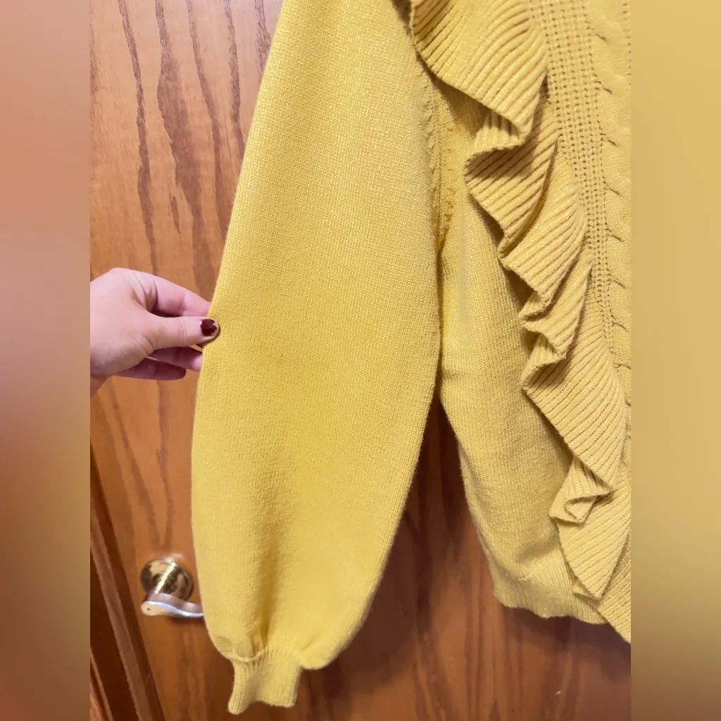 Anthropologie x DRA Los Angeles Cable Knit Fisherman Sweater Yellow Ruffle sz Md - Image 5