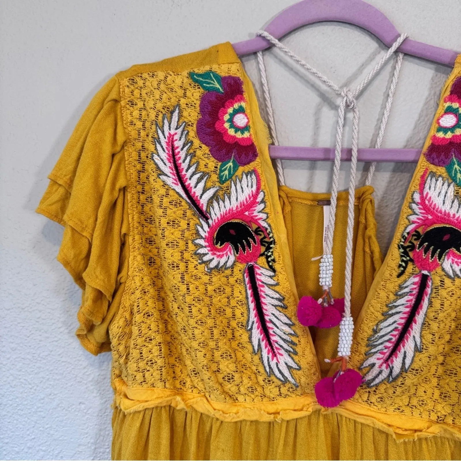 Free People Fiesta Nueva Yellow Embroidered Tunic Womens L Boho Festival Blouse - Image 3
