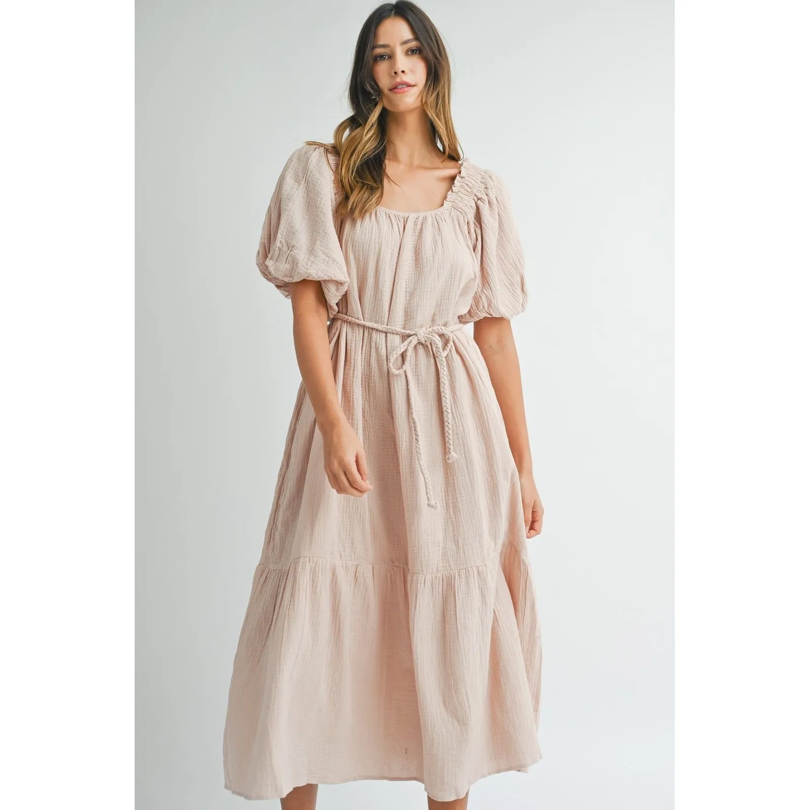 MABLE Dusty Mauve Cotton Gauze Midi Tiered Belted Dress with Pockets Size L - Image 3