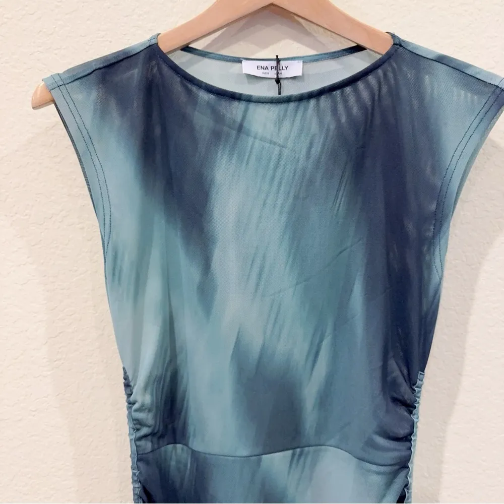 Ena Pelly Lou Gathered Mesh Maxi Dress in Green Abstract Print Size 4 NWT - Image 3