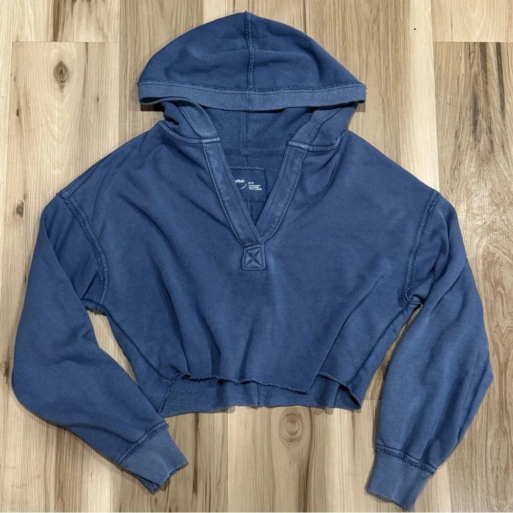 Aerie Cropped Open Neck Hoodie Sweatshirt Blue Women’s XS - Image 2