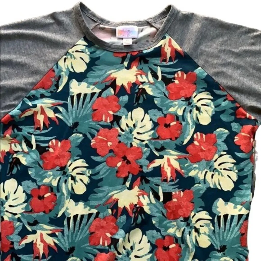 Lularoe Tropical Baseball Raglan T Shirt XS Grey Floral 3/4 Sleeves Round Neck - Image 2