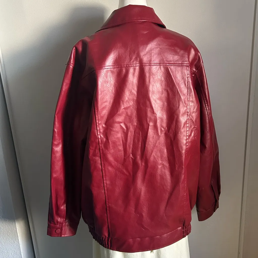 Classic Red Vegan Leather Front Zip Oversized Bomber Style Jacket - Image 8