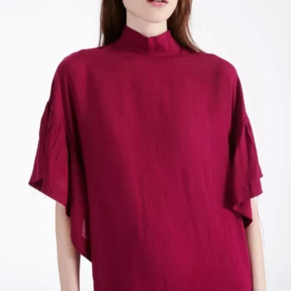 IRO Theifya Shift Dress 8 40 Split Ruffle Sleeve Mock Neck Fuchsia Luxury Party - Image 7