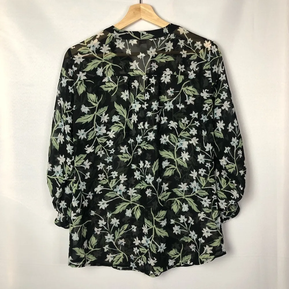 LOFT Black Floral Semi Sheer Long Sleeve Blouse S - Image 2