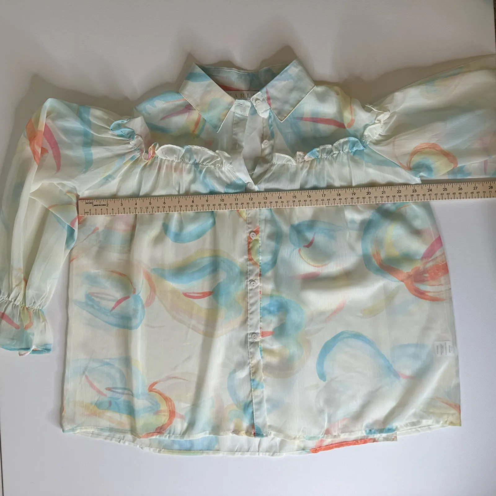 Karlie‎ Womens Multicolor Watercolor Sheer Long Sleeve Blouse with Ruffle Sz O/S - Image 12