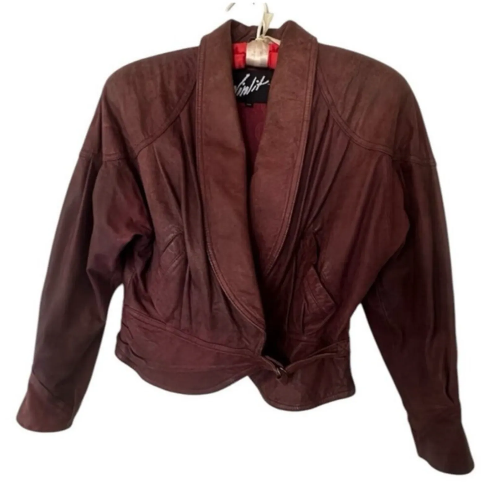 Vintage Burgundy Leather Wrap Jacket Women’s M 80s Belted Coat Retro Style Red Size M - Image 3