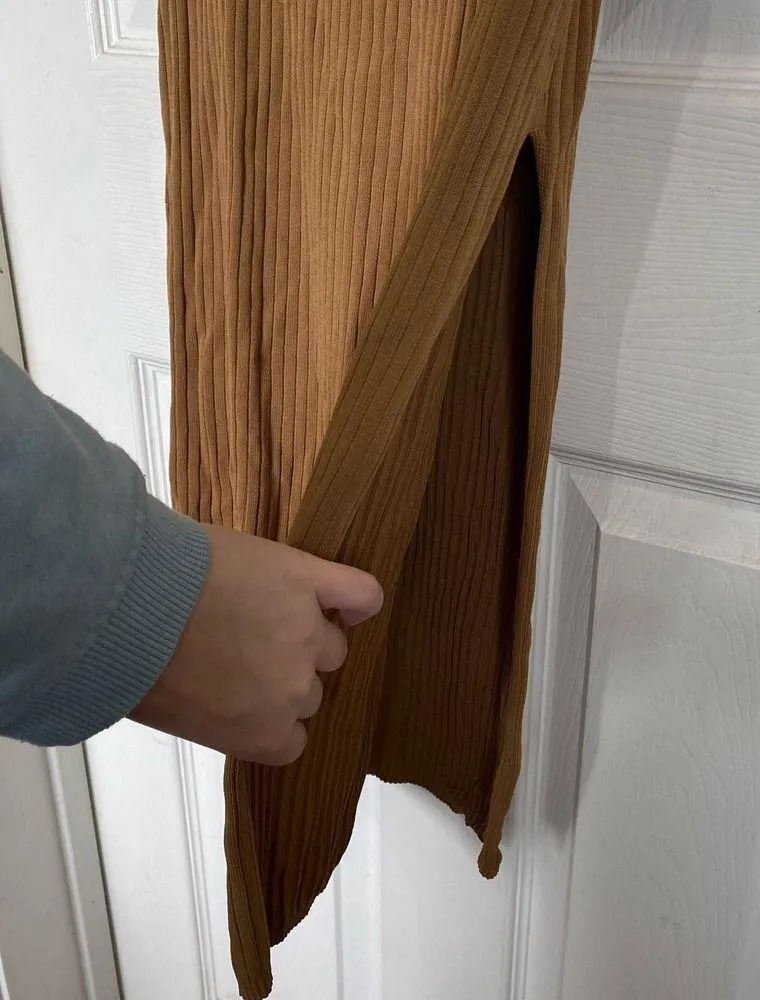 KARINA GRIMALDI Amber Knit Midi Dress in Camel Size Small One Shoulder Ribbed - Image 6