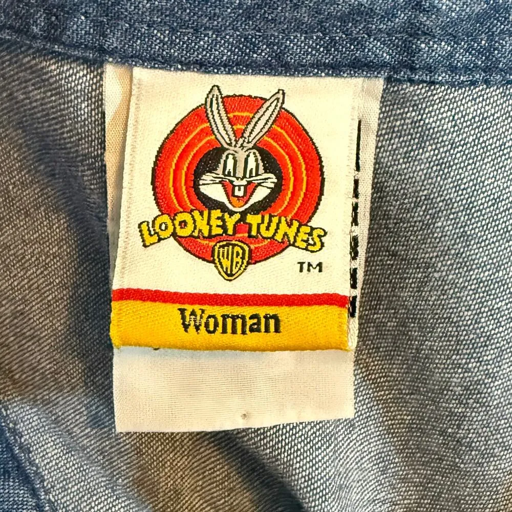 90s Looney Tunes Women’s 18 - 20 W Plus Size Cotton Denim Sleeveless Button Down - Image 8