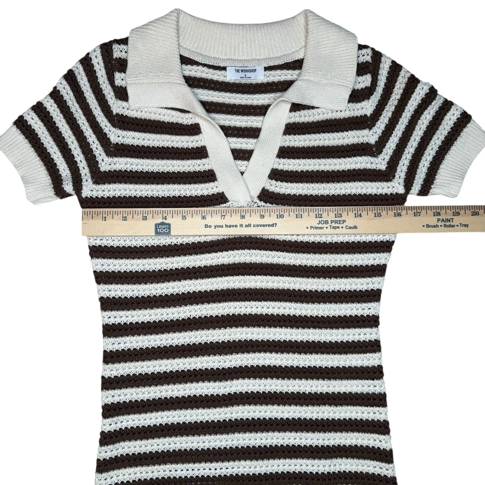 The Workshop Crocheted‎ Midi Dress S Brown Striped Collared Retro Cotton Knit - Image 7