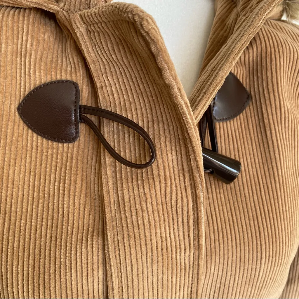 Brooks Brothers Cotton Corduroy Toggle Duffle Coat Fur Lined Hood Red Fleece - Image 10