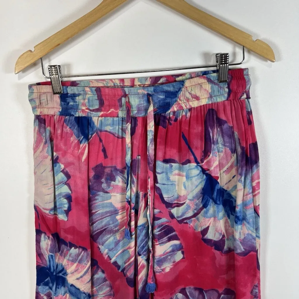 Lilka Small Cropped Pants Tropical Palm Leaf Print Bright Pink Blue Wide‎ Leg - Image 2