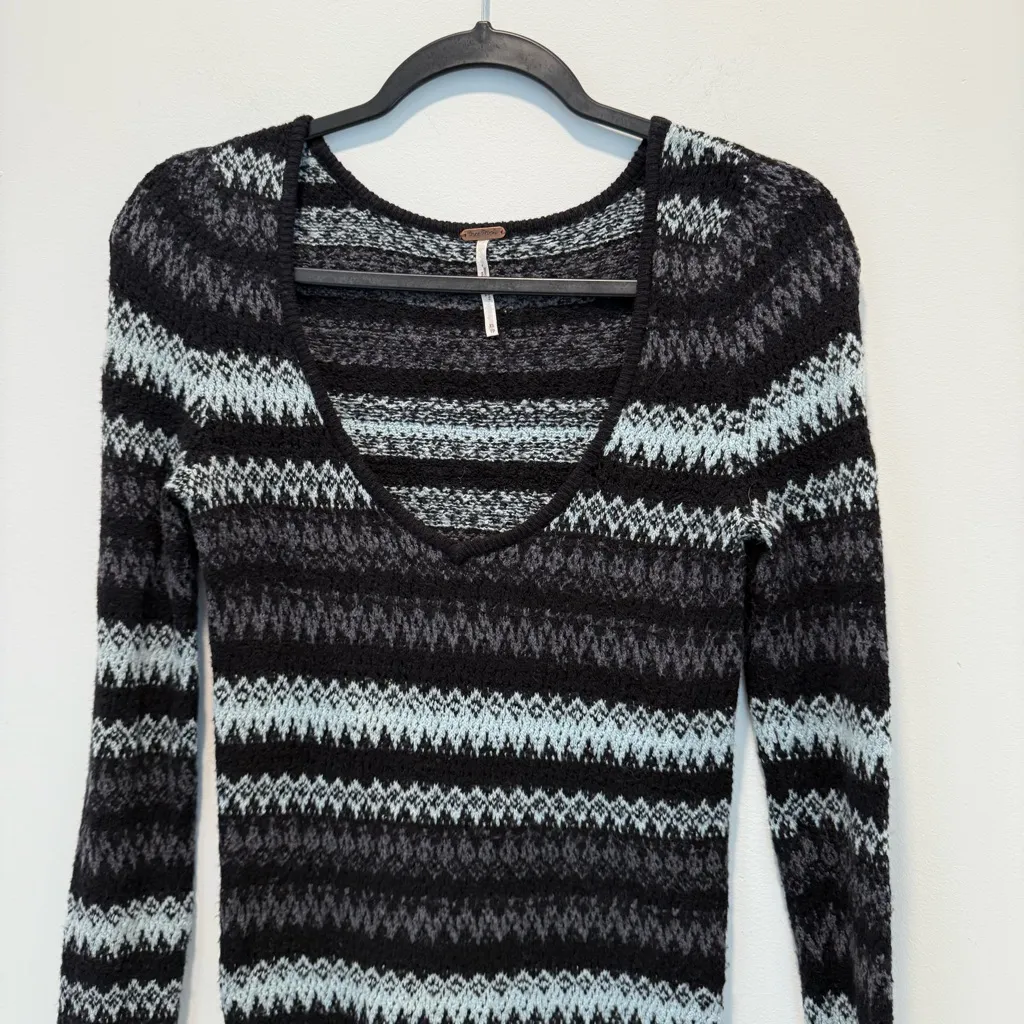 Free People Black Baby Blue Fair Isle Long Sleeve Sweater Dress XS - Image 5