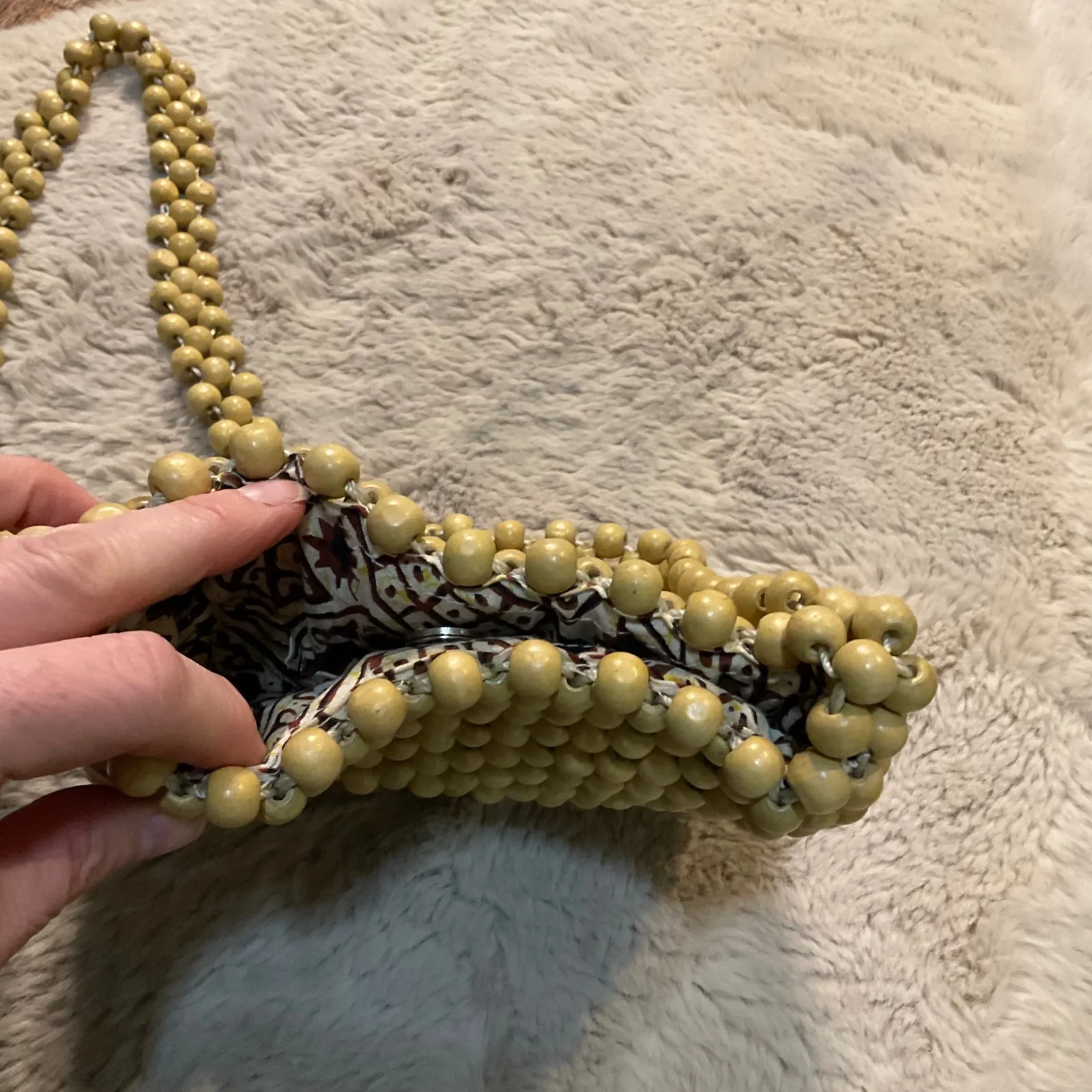 Wood Beaded Bag Handmade In Indonesia Boho‎ 8"x8" Purse Crossbody Shoulder Tan - Image 8