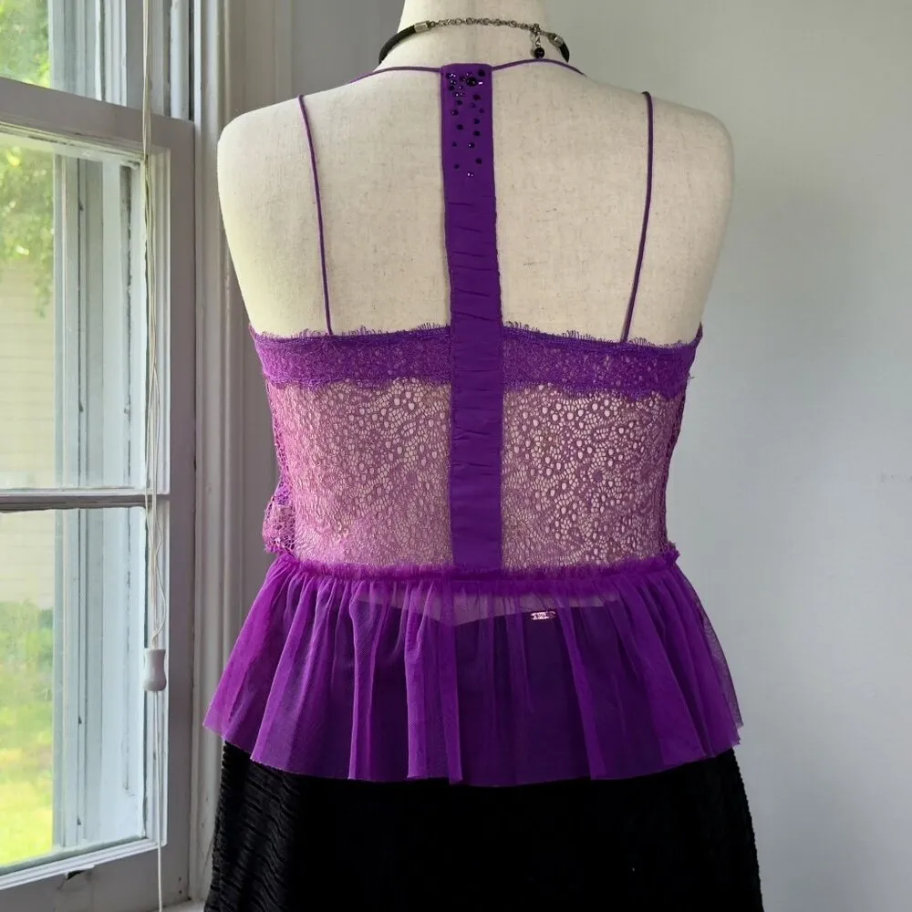 Free People Fairy Purple Lace Top Medium Rhinestones Peplum Rave Whimsigoth - Image 3