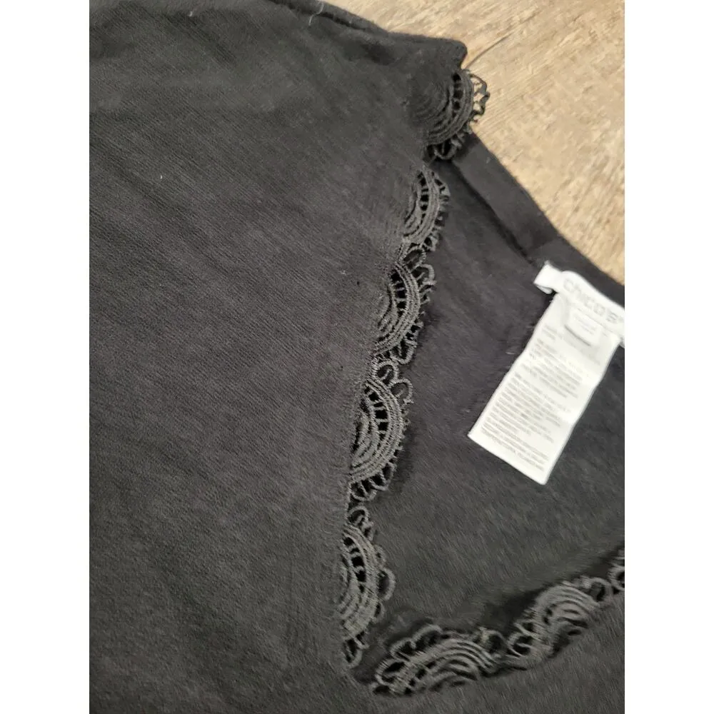 Chico's Black Lace Trim Oversized Sweater S/M Top Blouse Pullover V Neck - Image 3
