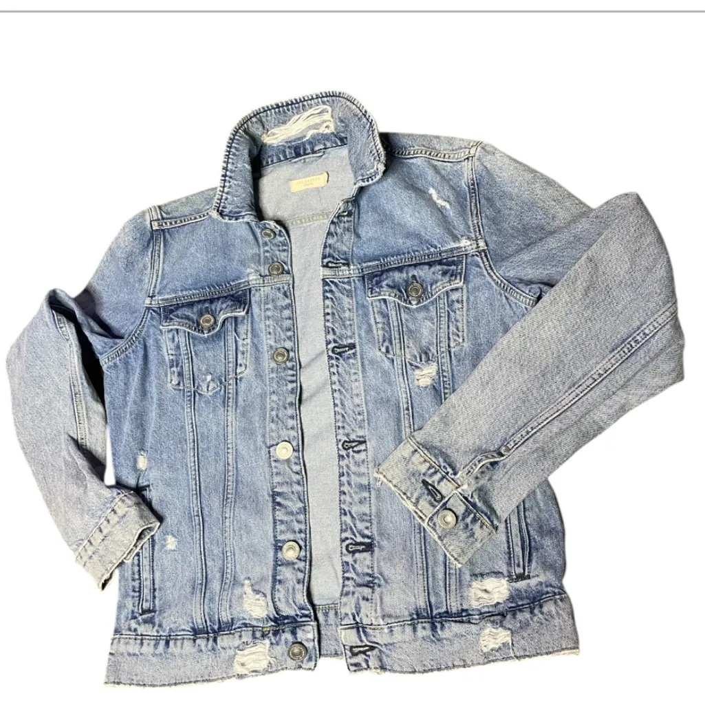 ALLSAINTS
Distressed Light Wash Denim Jean
Trucker Jacket Medium Unisex - Image 5