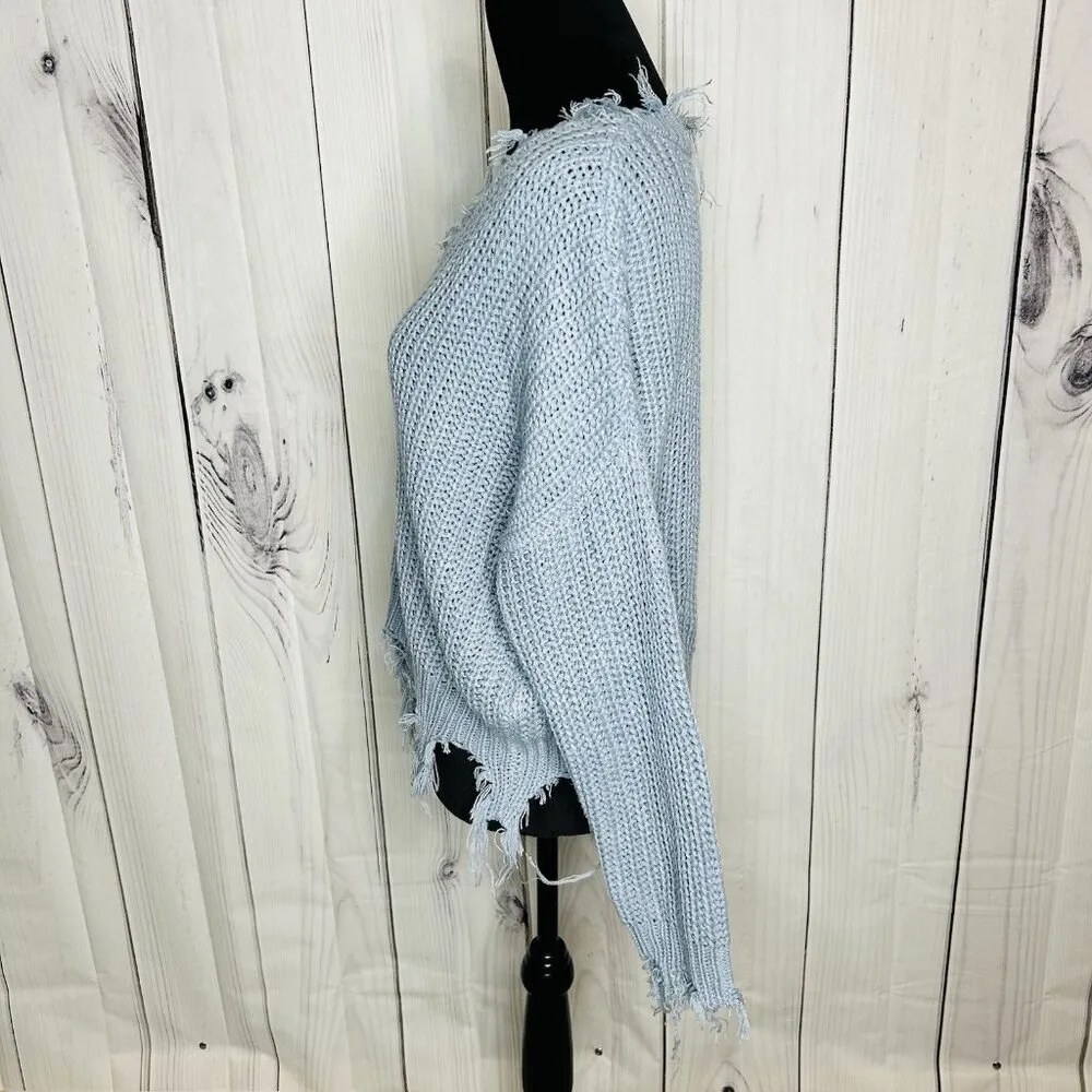 Love Tree Sz M Cable Knit Crop Slouchy Fit Blue Sweater Distressed Fringe - Image 4