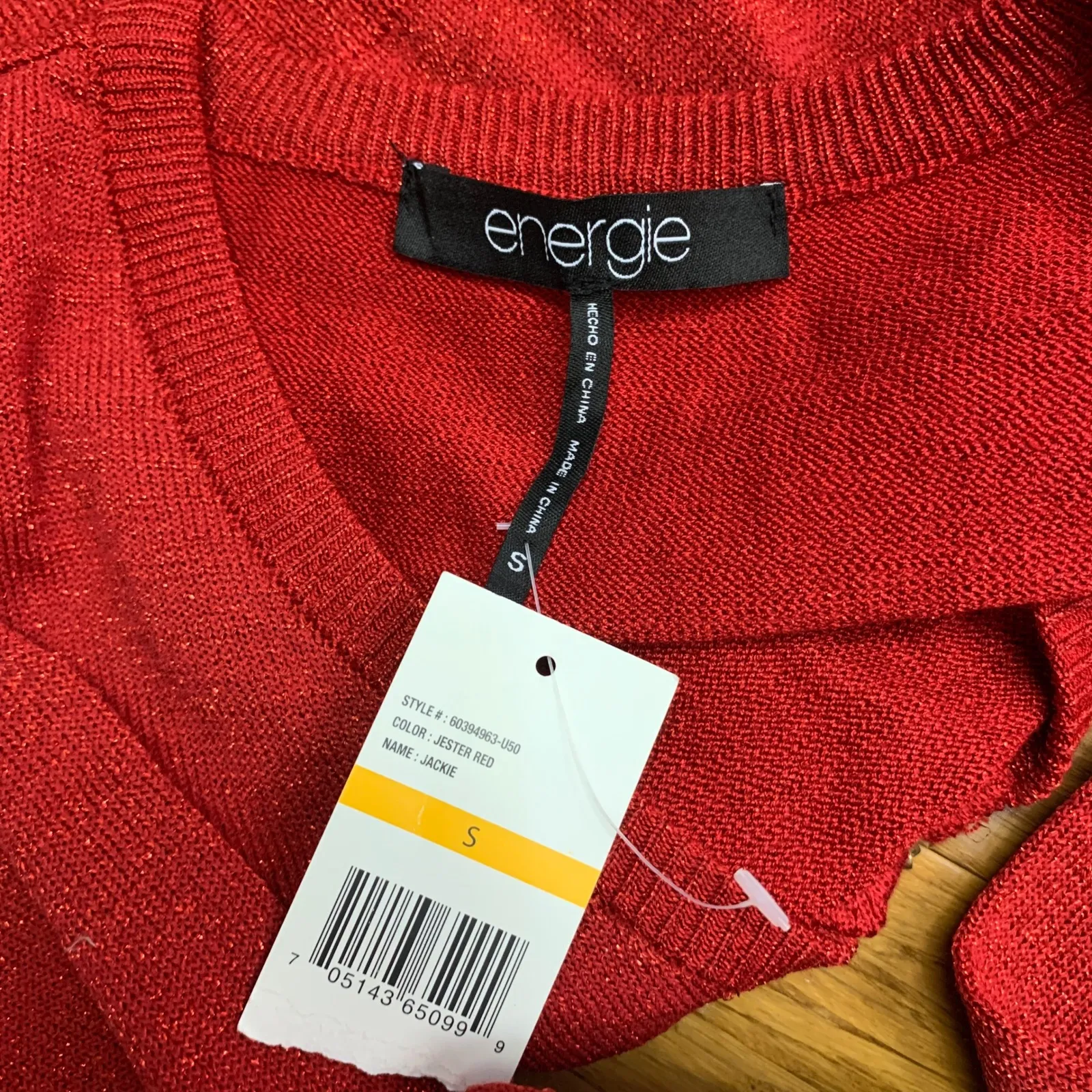 Energie Red Metallic Knit Top Womens Small V-Neck Long Sleeve Pullover Sweater - Image 5