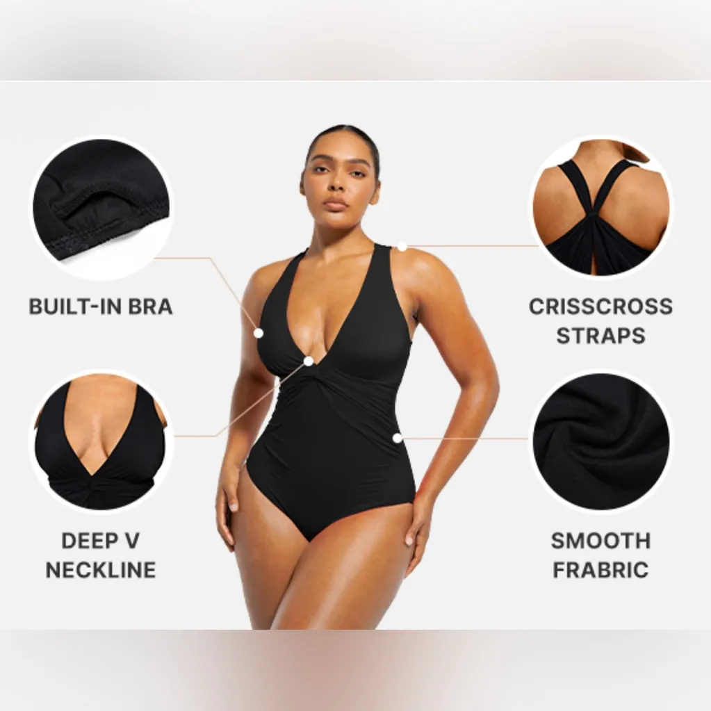 SHAPELLX Tummy Control Swimsuit Women Ruched V Neck One Piece Black XL NWT - Image 8