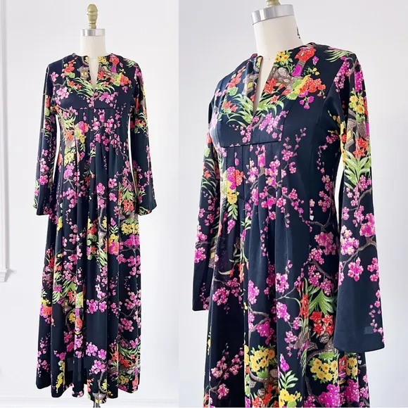 vintage • 70s maxi dress Japanese kimono black floral cherry blossom bell sleeve - Image 2
