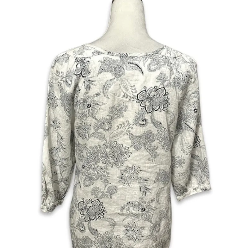 Malvin Linen Blouse Floral Paisley Pattern 3/4 Sleeves Tie - Image 4