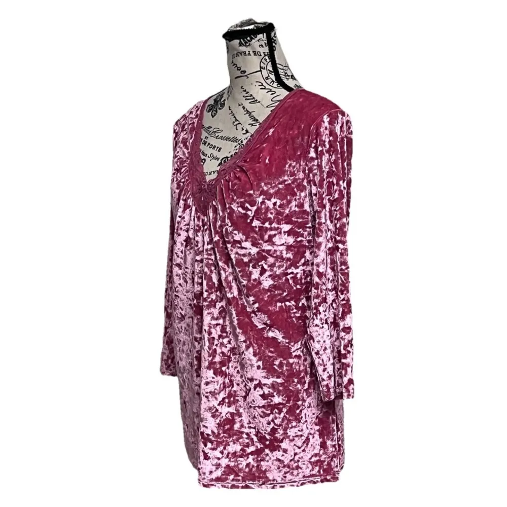 Y2K Faded Glory Pink Crushed Velvet Tunic L | Fairycore Lagenlook 90s Velvet Top - Image 3