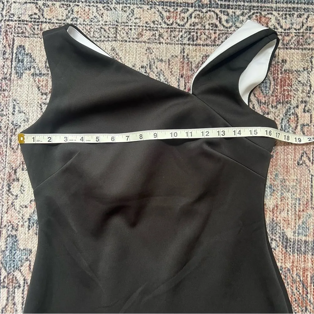 Calvin Klein Black Asymmetrical Neckline Dress Size 8 Black and White Zip Back - Image 10