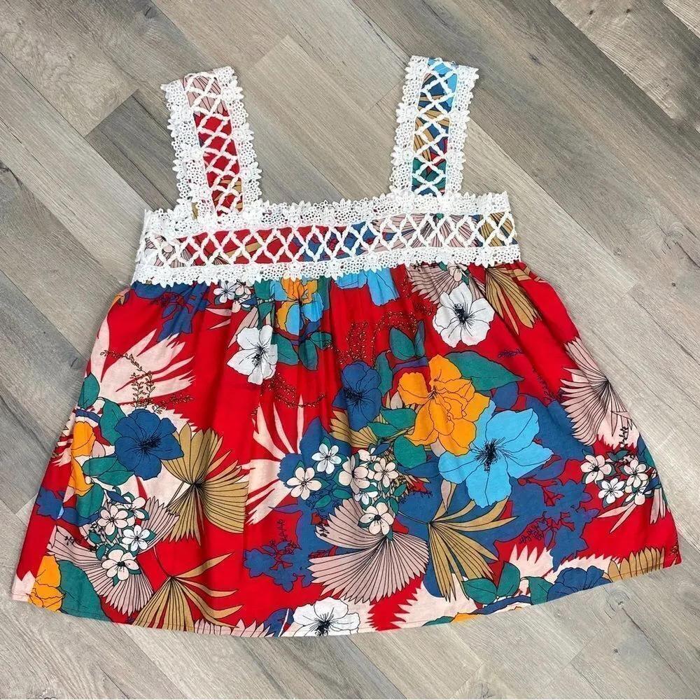 See and Be Seen Floral Crochet Neck Sleeveless Tank Top Red Multi Medium - Image 10