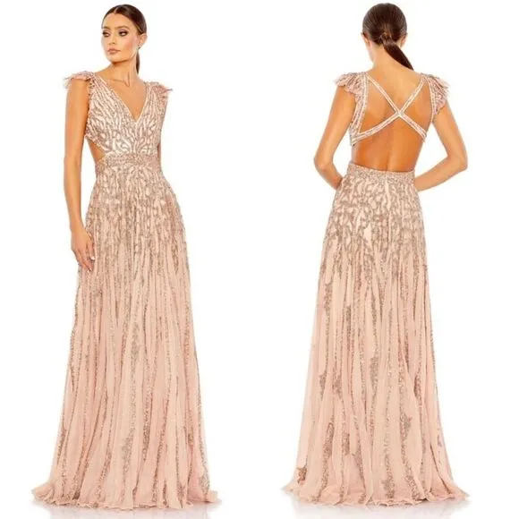 Mac Duggal 5682 Sequined Flutter Cap Sleeve Cut Out A-Line Gown, Apricot, Size 8 - Image 2