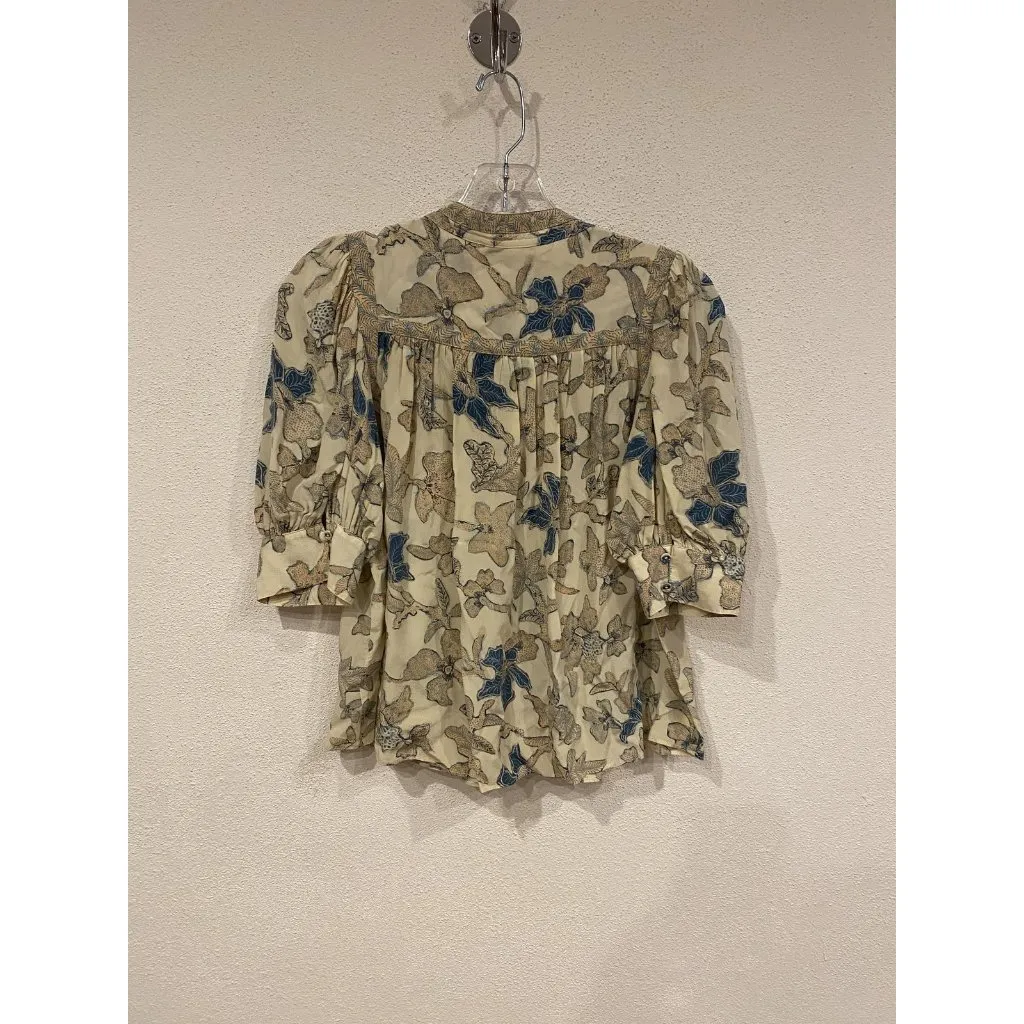 Ulla Johnson Desdra Blouse Womens 2 Cream Silk V-Neck Ruffle Puff Sleeve Floral - Image 5