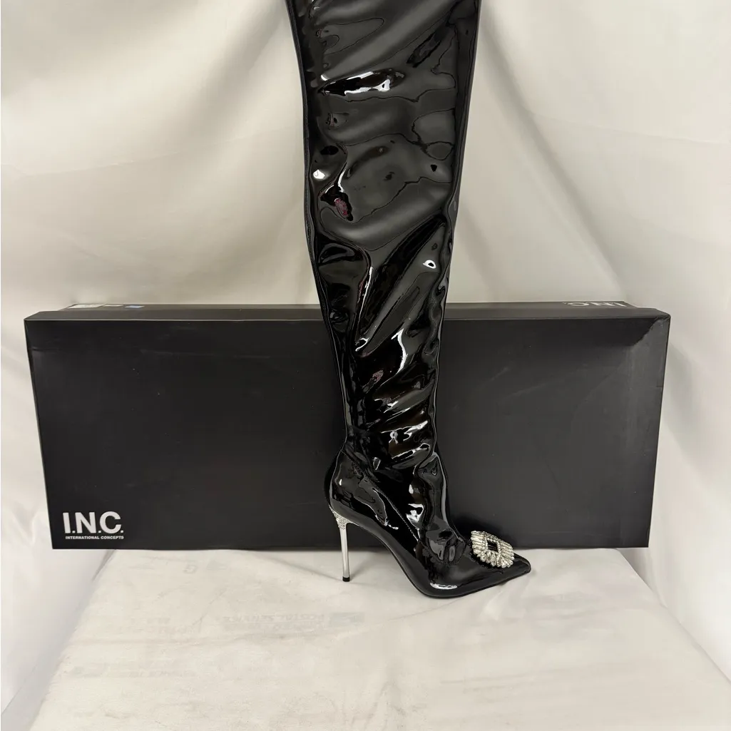 INC High Boots Black Glossy Over the‎ knew Size 5.5 - Image 5