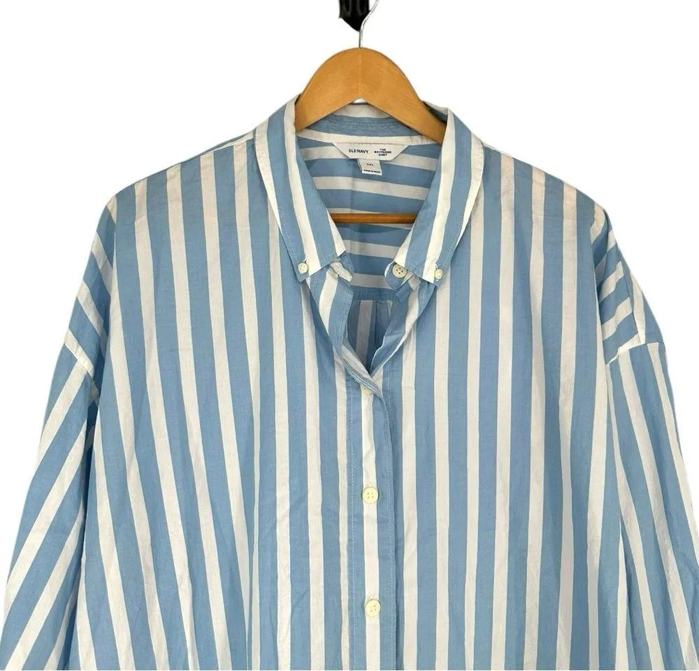 Old Navy Blue White Stripe Button Down Cropped Shirt size XXL Long Sleeve NWT - Image 4