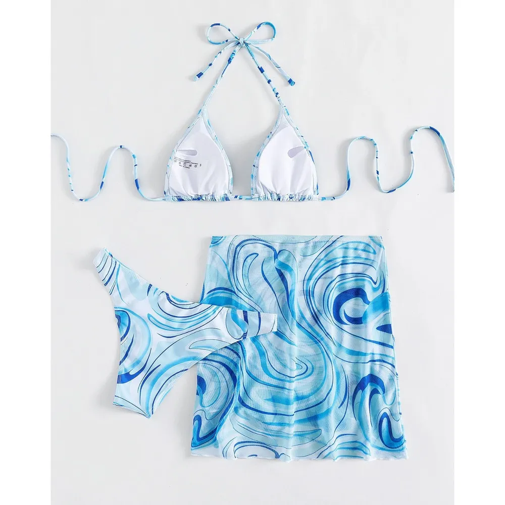 SHEIN Swim Vcay Allover Print Halter Bikini Swimsuit & Cover Up in Blue, Size XS - Image 2