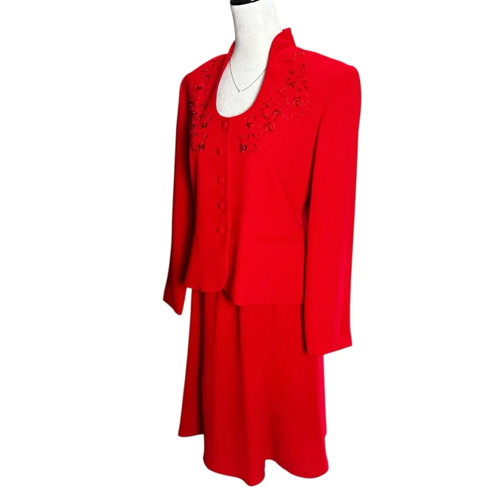 Danny & Nicole Red Two Piece Skirt Suit Set Sz 8 | Modest Holiday Evening Party - Image 4
